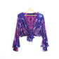 Tie-Dye Cropped Cardigan Wrap with Flared Bell Sleeves and Tie Closure - Indigo Blue