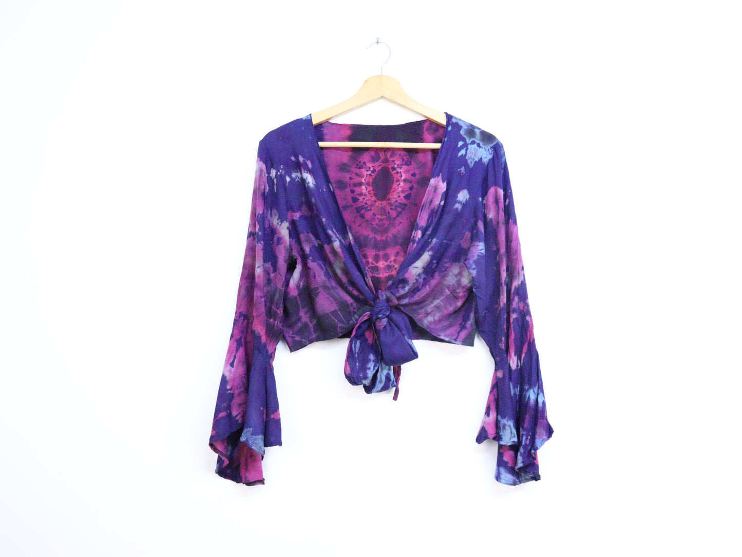 Tie-Dye Cropped Cardigan Wrap with Flared Bell Sleeves and Tie Closure - Indigo Blue