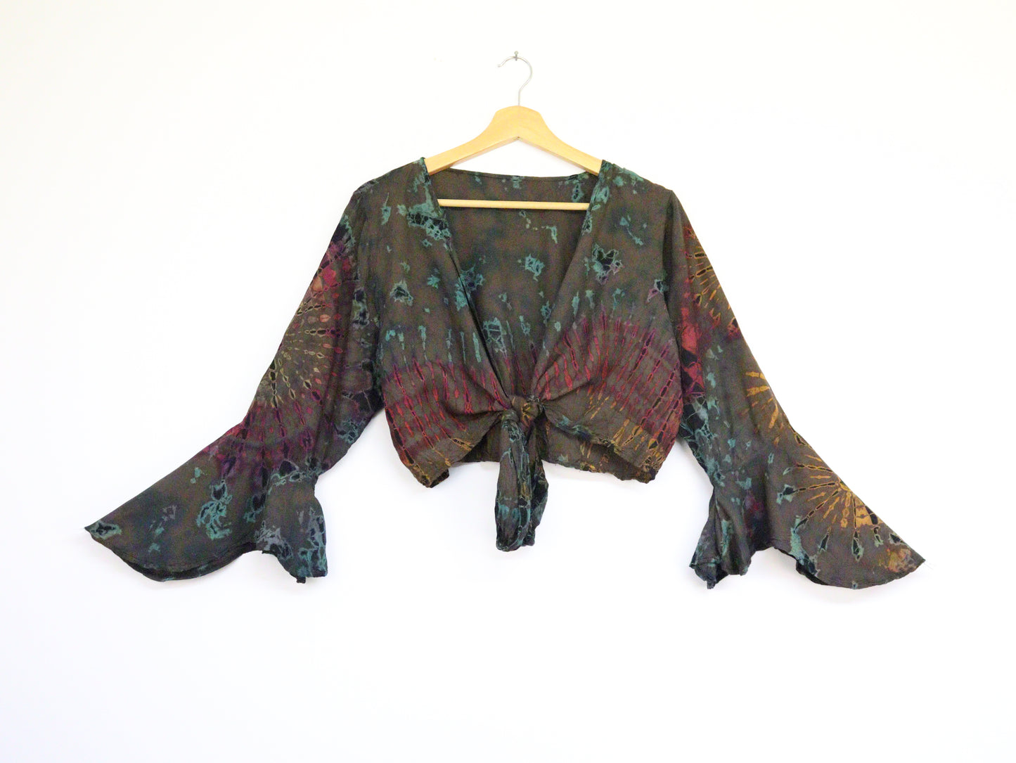 Tie-Dye Cropped Cardigan Wrap with Flared Bell Sleeves and Tie Closure - Deep Brown and Rainbow