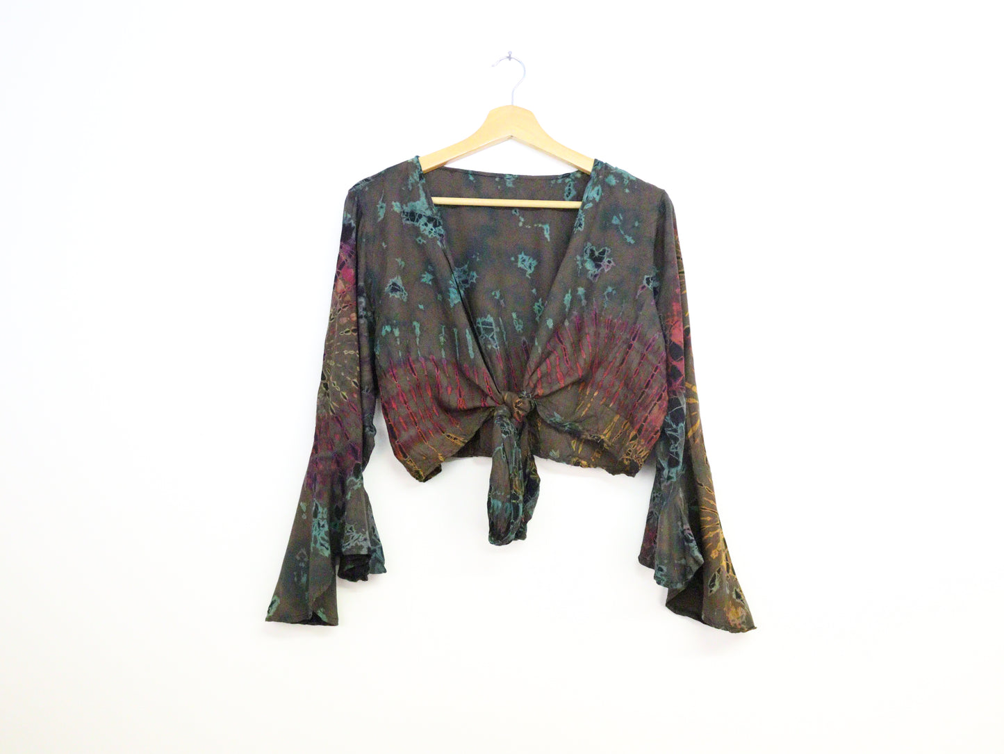 Tie-Dye Cropped Cardigan Wrap with Flared Bell Sleeves and Tie Closure - Deep Brown and Rainbow