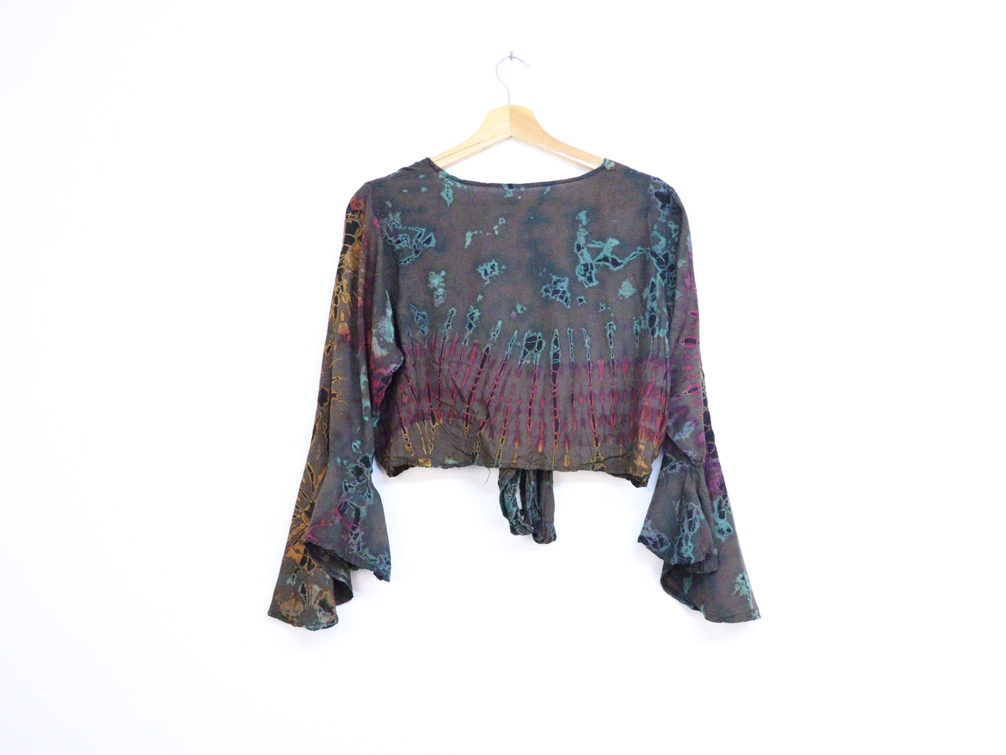 Tie-Dye Cropped Cardigan Wrap with Flared Bell Sleeves and Tie Closure - Deep Brown and Rainbow