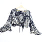 Tie-Dye Cropped Cardigan Wrap with Flared Bell Sleeves and Tie Closure - Black and White