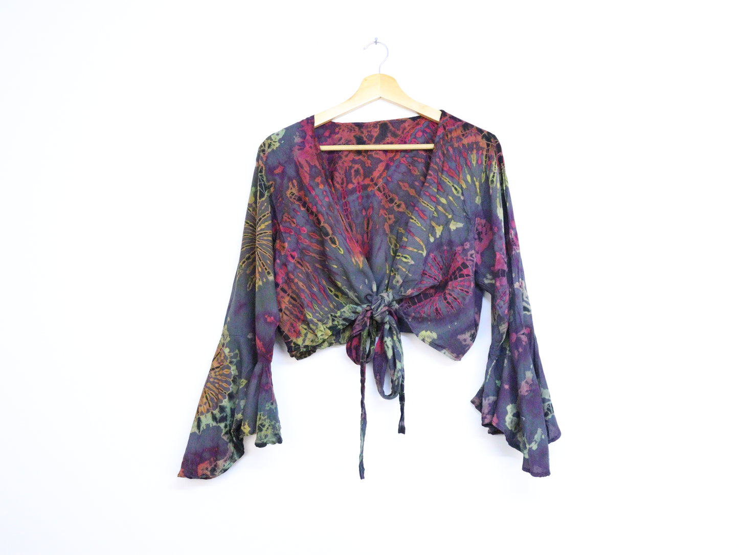 Tie-Dye Cropped Cardigan Wrap with Flared Bell Sleeves and Tie Closure - Charcoal and Rainbow