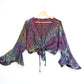 Tie-Dye Cropped Cardigan Wrap with Flared Bell Sleeves and Tie Closure - Charcoal and Rainbow