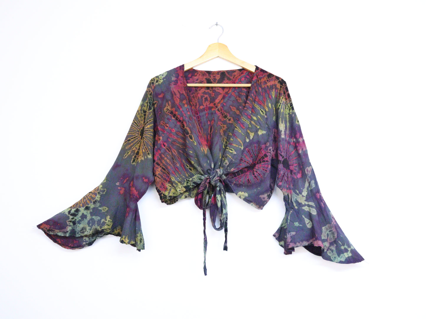 Tie-Dye Cropped Cardigan Wrap with Flared Bell Sleeves and Tie Closure - Charcoal and Rainbow