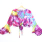 Tie-Dye Cropped Cardigan Wrap with Flared Bell Sleeves and Tie Closure - Rainbow