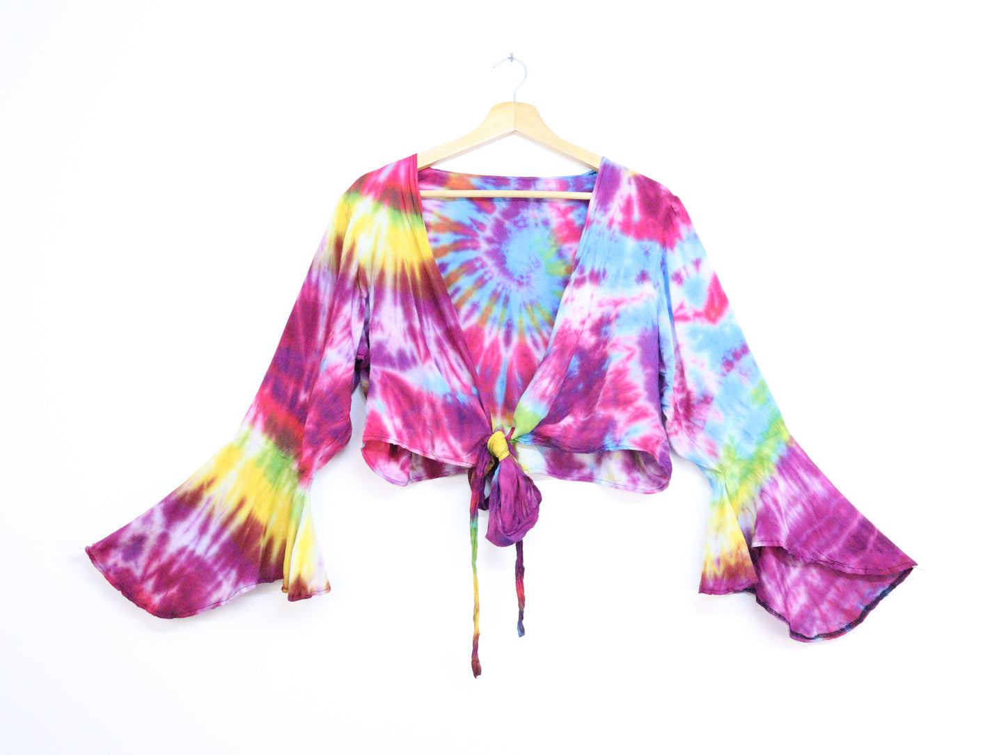 Tie-Dye Cropped Cardigan Wrap with Flared Bell Sleeves and Tie Closure - Rainbow