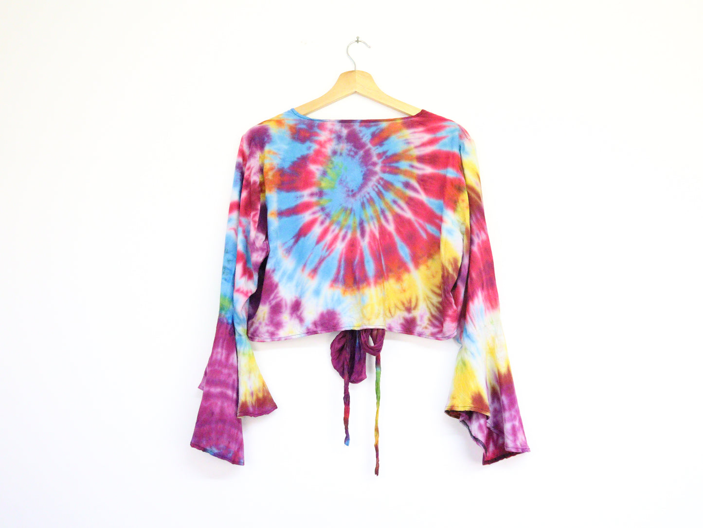 Tie-Dye Cropped Cardigan Wrap with Flared Bell Sleeves and Tie Closure - Rainbow