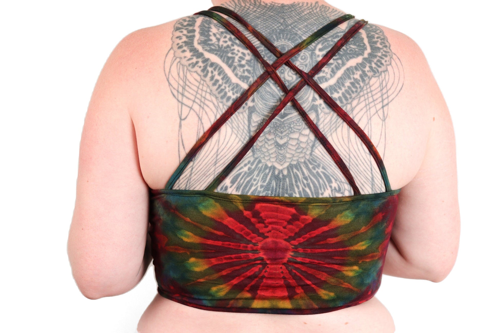 Tie-Dye Cross Back Crop Top - Moss Green Red and Yellow - Bare Canvas