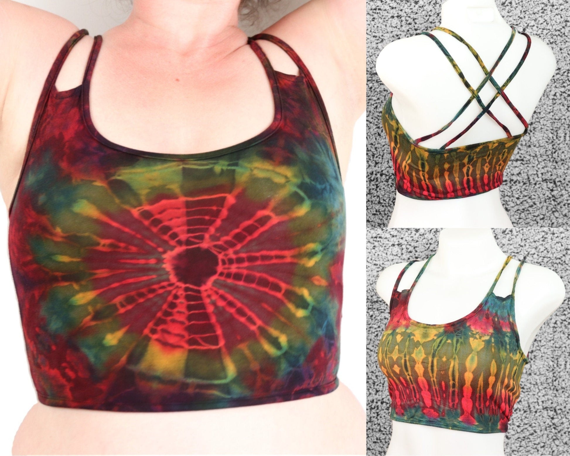 Tie-Dye Cross Back Crop Top - Moss Green Red and Yellow - Bare Canvas