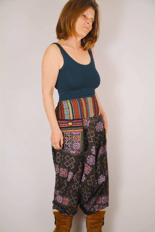 Thick Cotton Harem Pants - Navy Multi Coloured Pattern - Bare Canvas