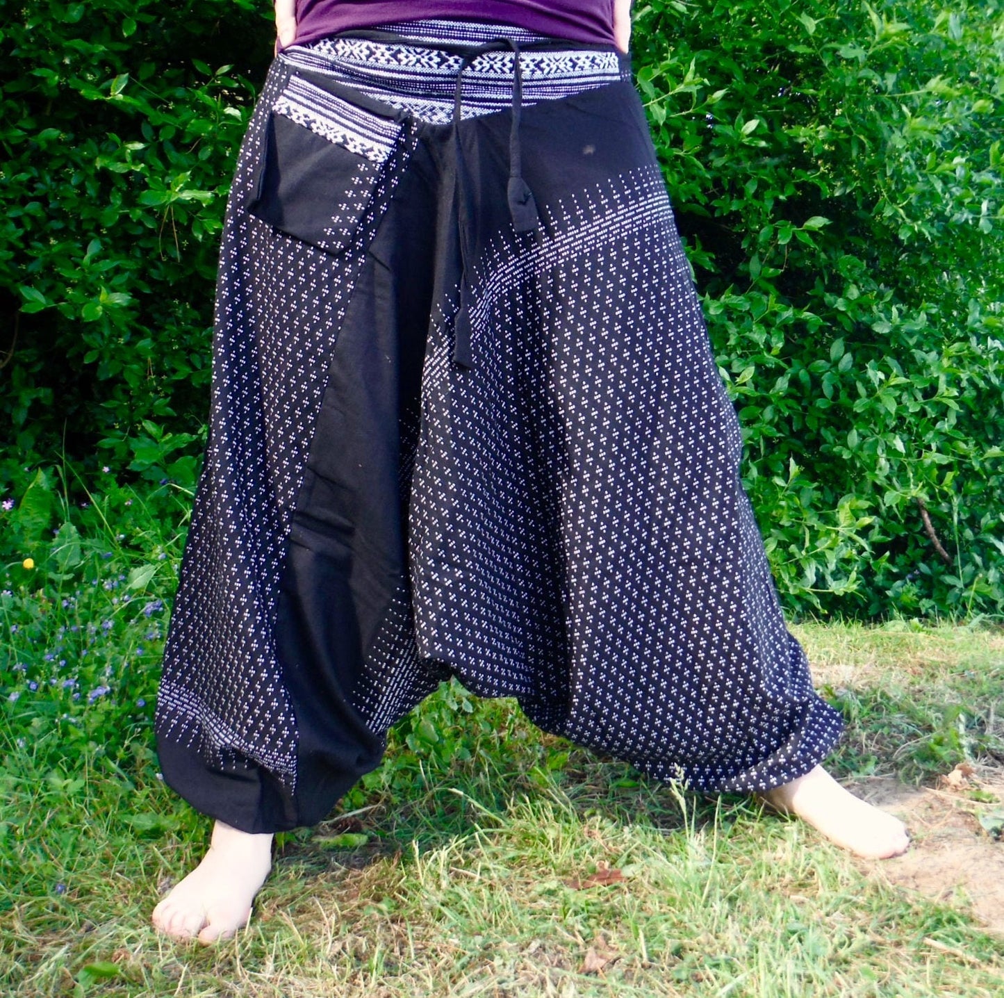 Pantalones Harem De Algodón Grueso - Negro Estampado