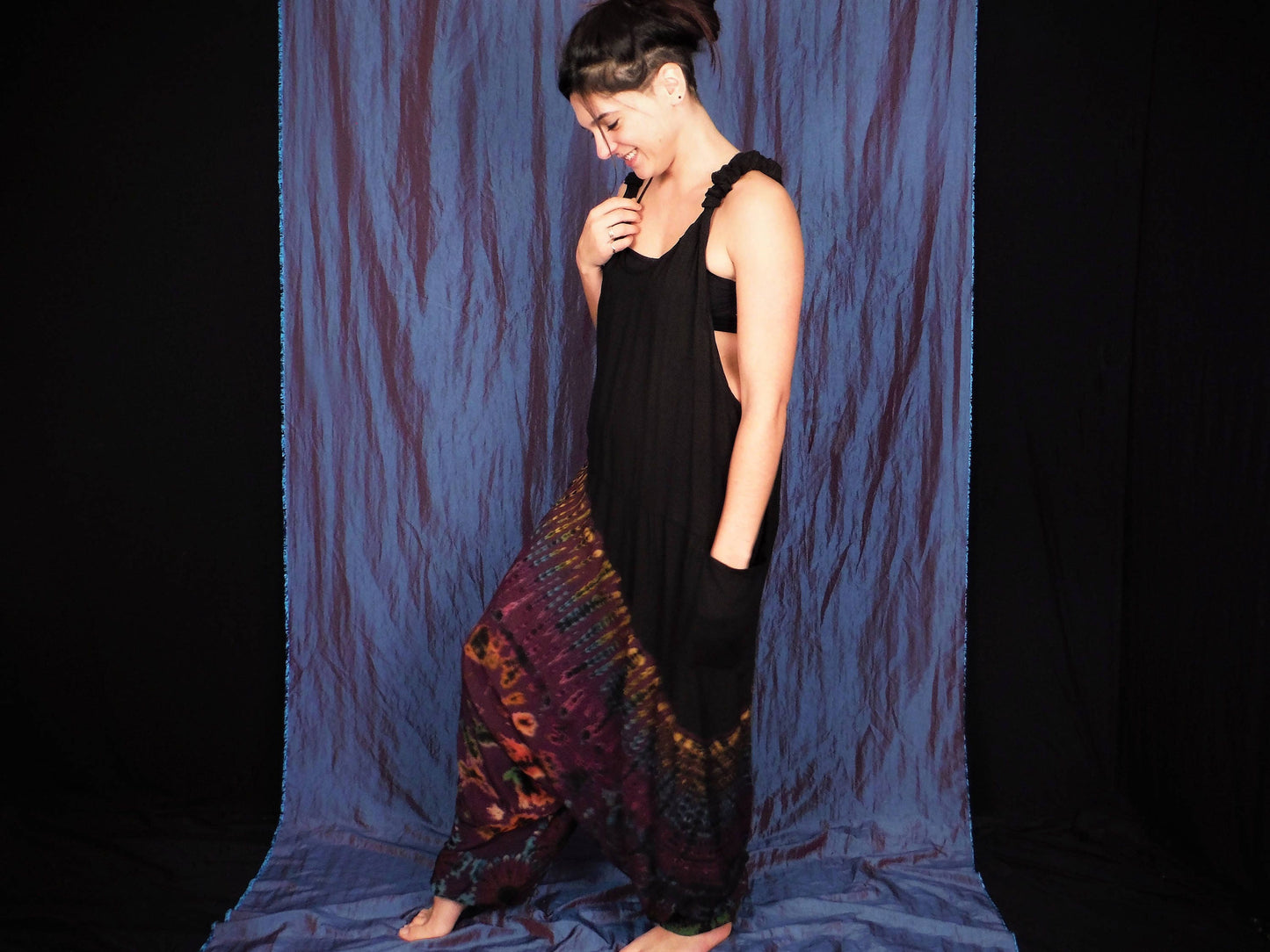 Half Tie-Dye Harem Dungarees - Black and Purple Plum - Bare Canvas