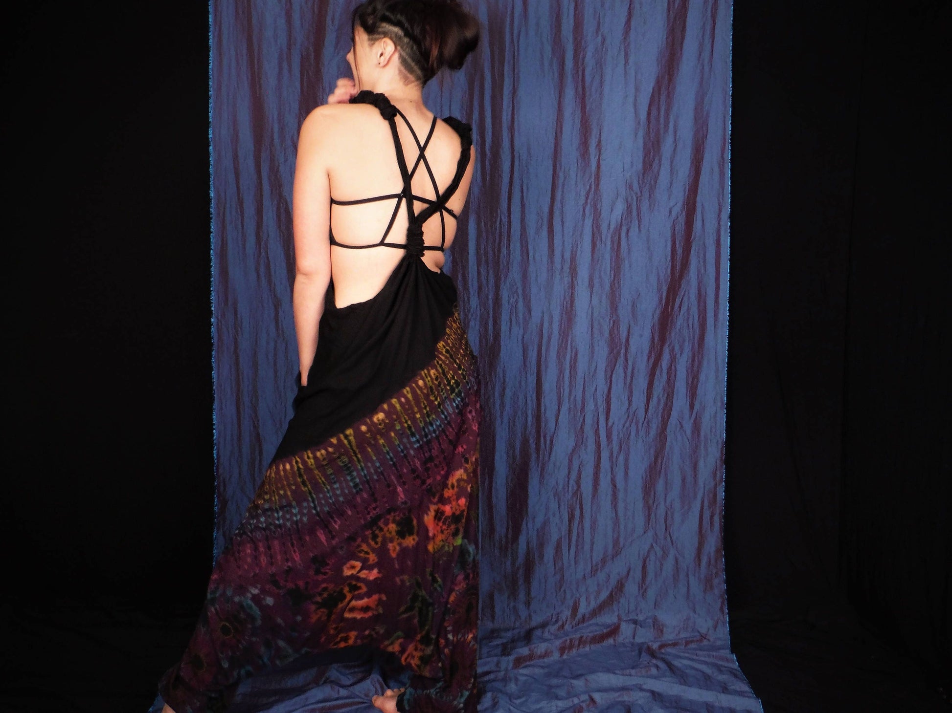 Half Tie-Dye Harem Dungarees - Black and Purple Plum - Bare Canvas