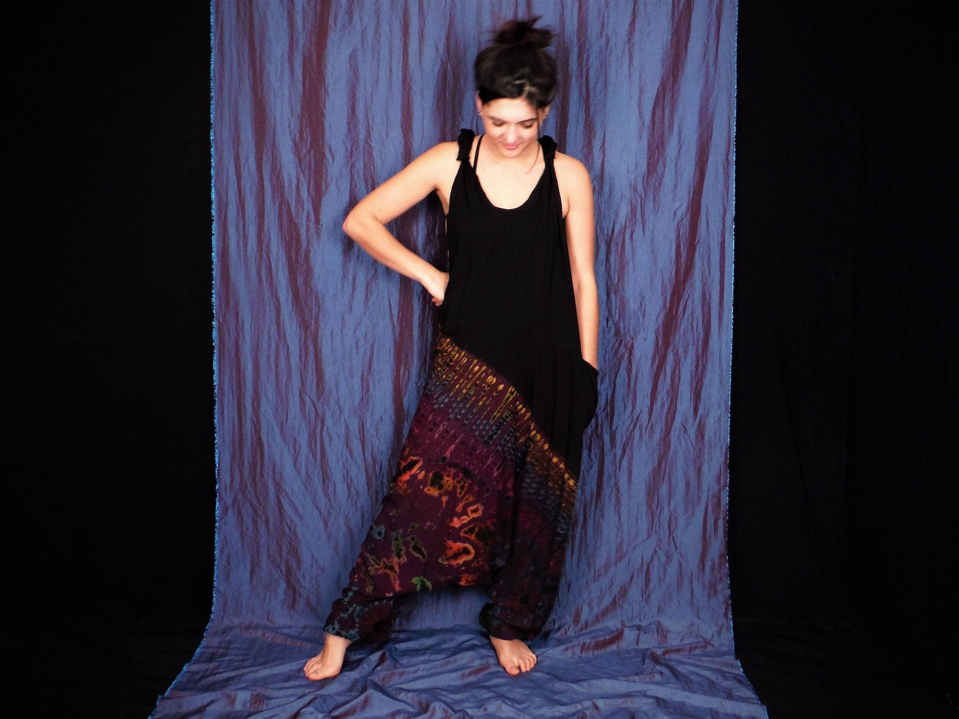 Half Tie-Dye Harem Dungarees - Black and Purple Plum - Bare Canvas