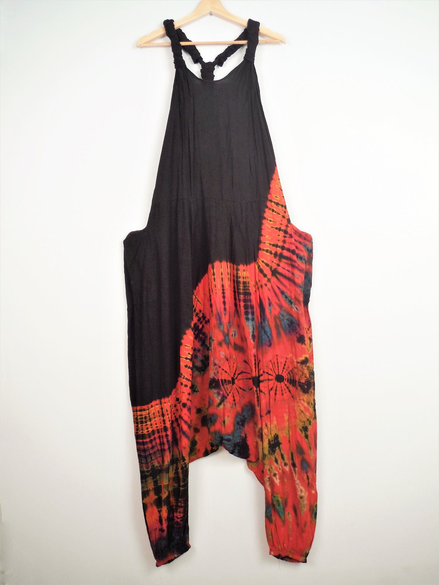 Half Tie-Dye Harem Dungarees - Black and Bright Red - Bare Canvas