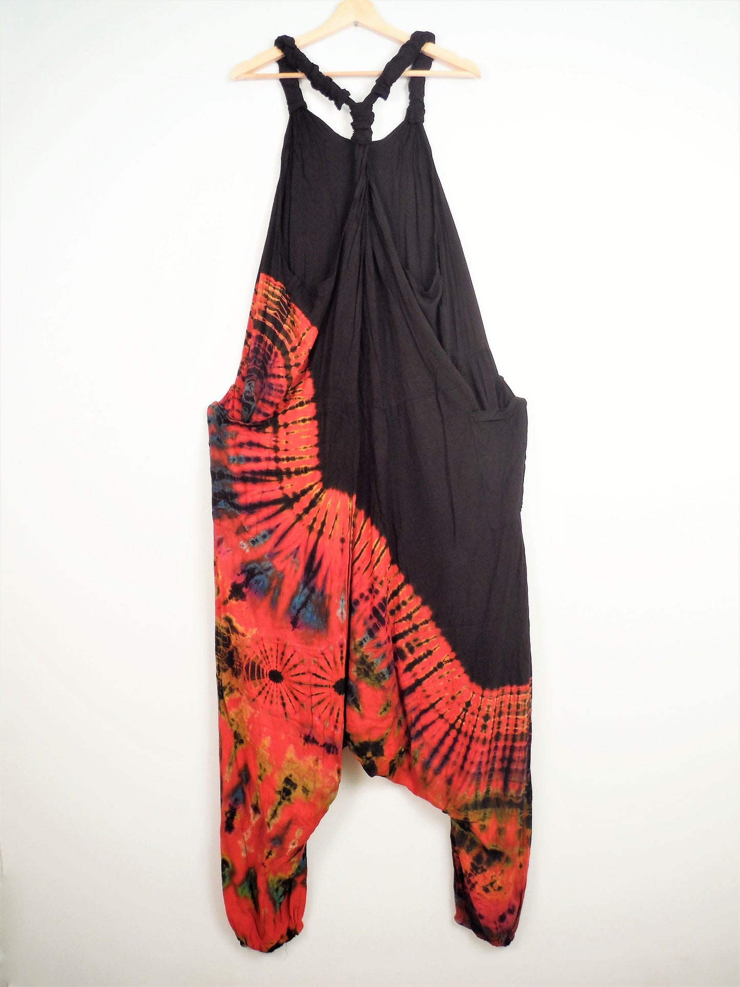 Half Tie-Dye Harem Dungarees - Black and Bright Red - Bare Canvas