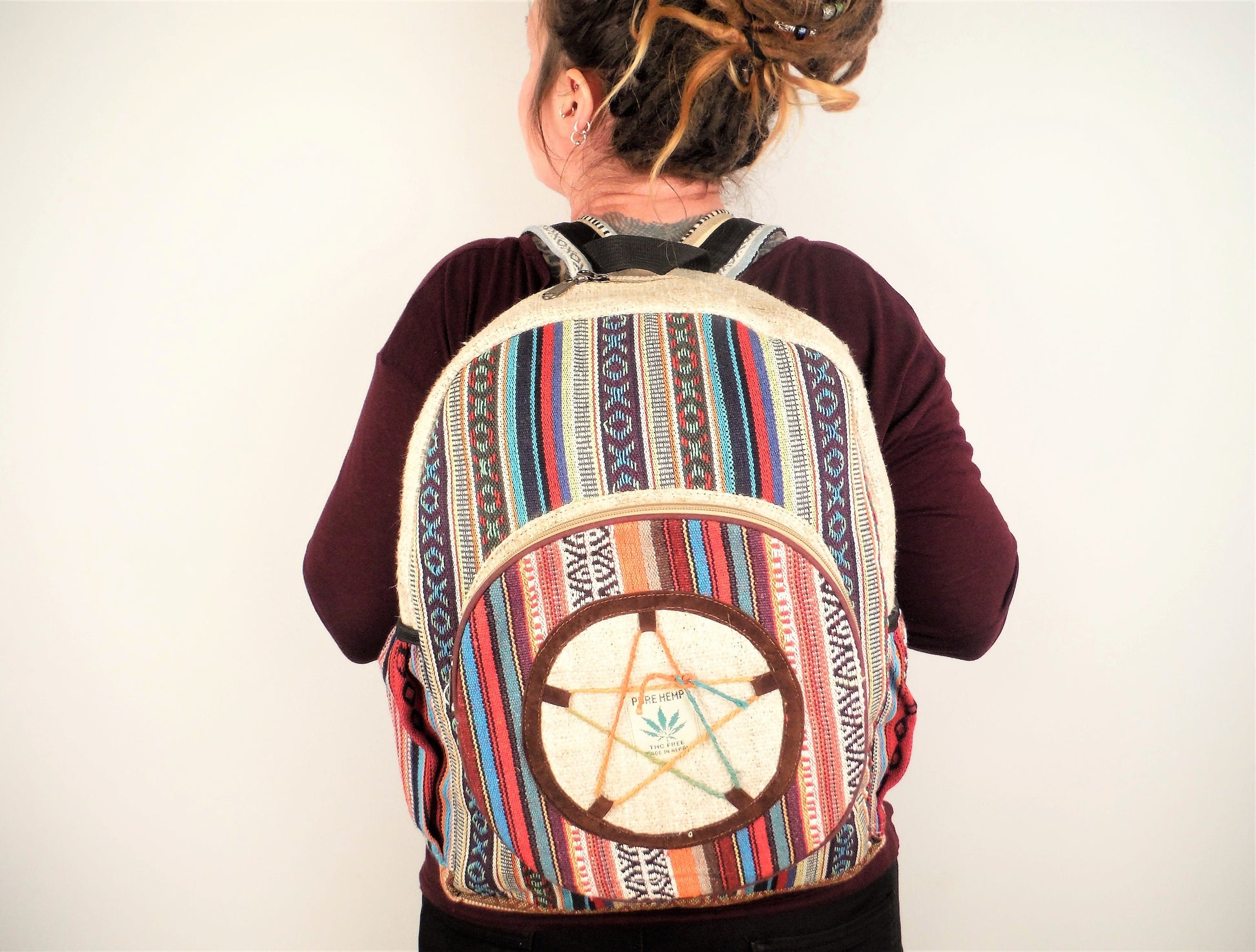 Sustainable Himalayan Hemp Star Backpack - Green and Red - Bare Canvas