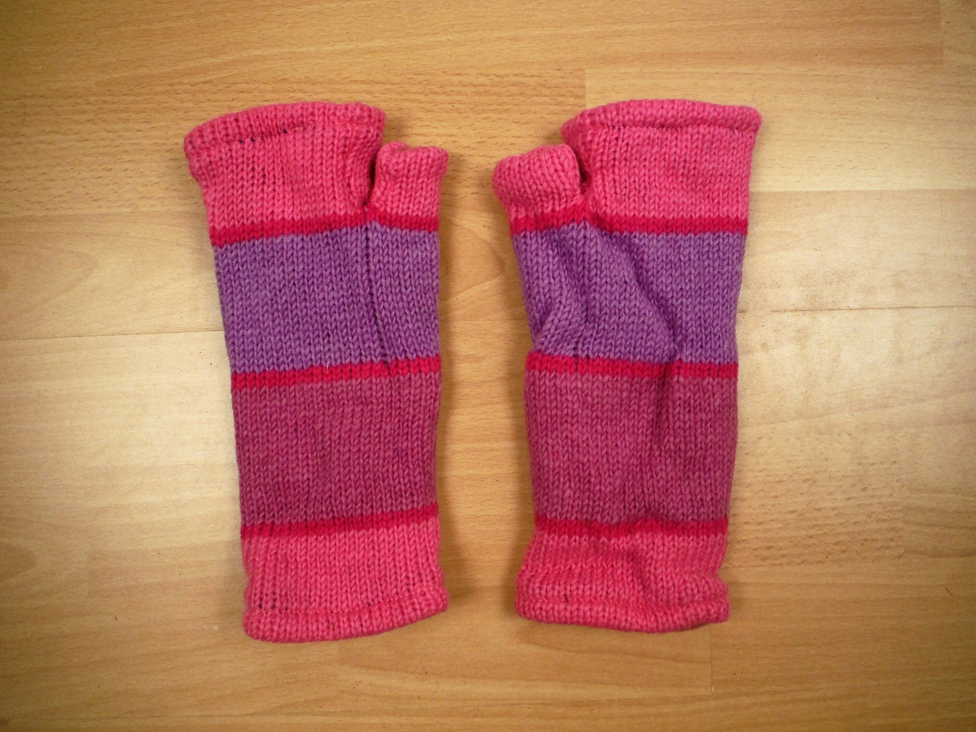 Fleece Lined Knitted Wrist Warmers - Pink and Purple Striped (Loose Fit) - Bare Canvas