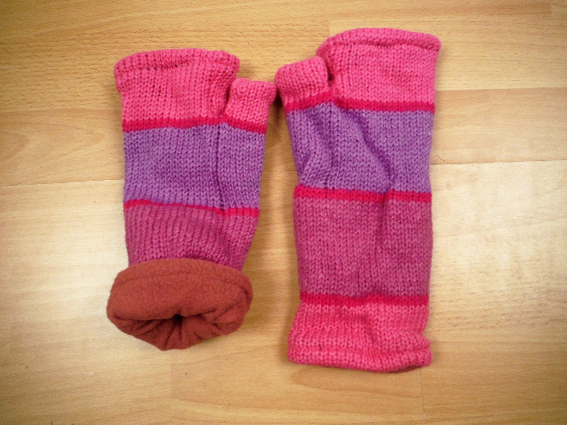 Fleece Lined Knitted Wrist Warmers - Pink and Purple Striped (Loose Fit) - Bare Canvas