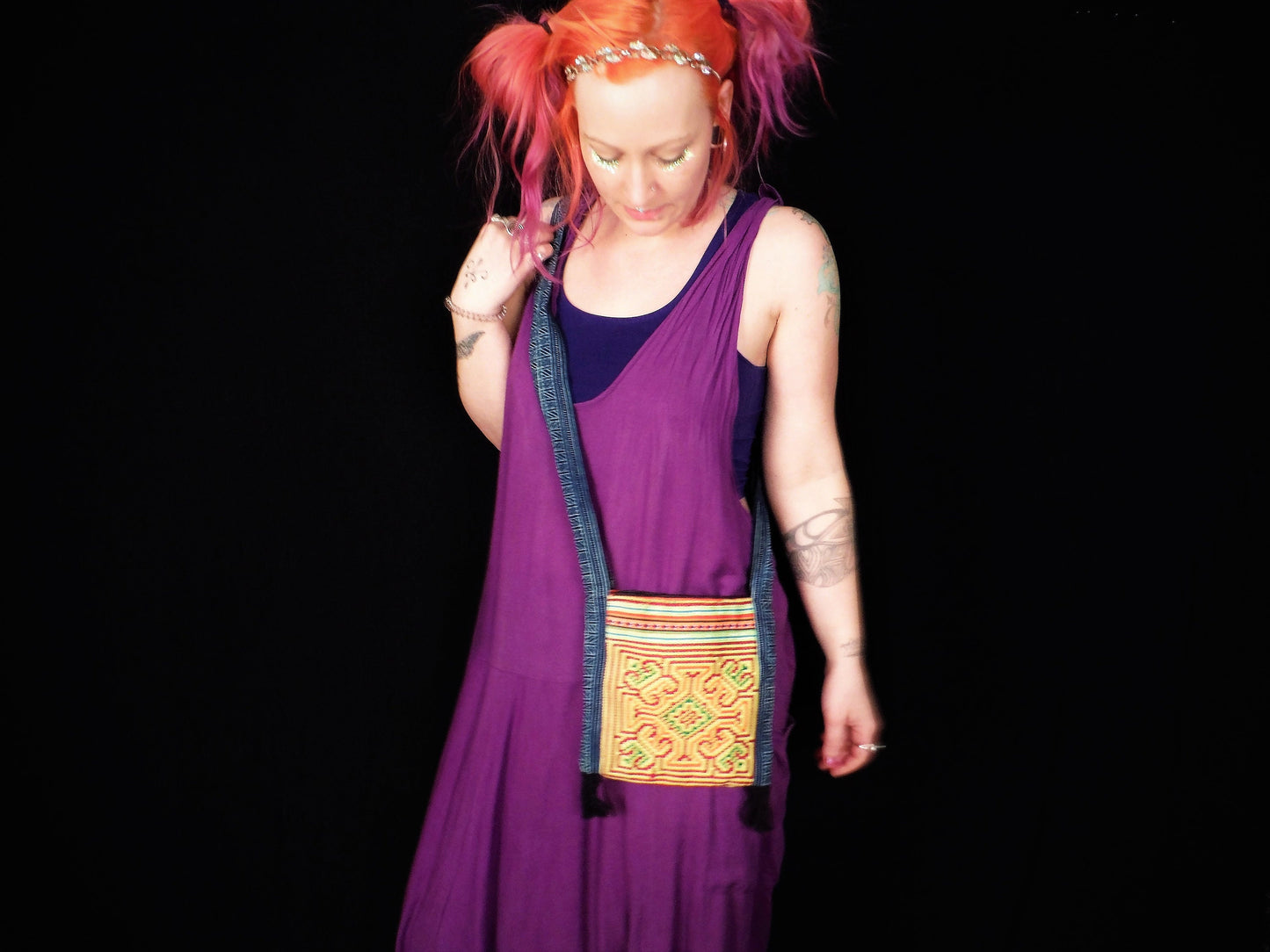 Cross Stitch and Patchwork Small Shoulder Bag - Orange