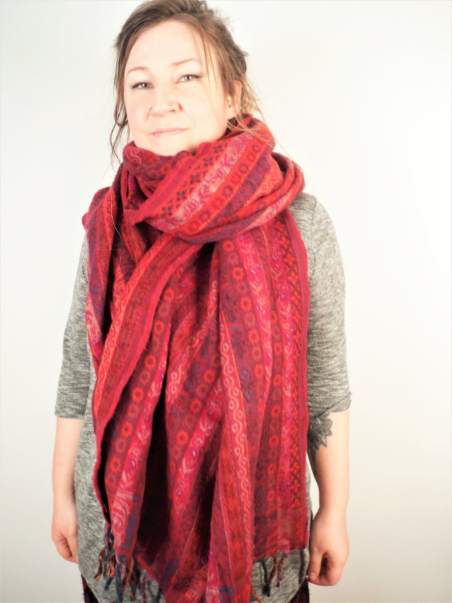 Blanket Scarf / Shawl / Throw - Pink and Blue Paisley Stripe