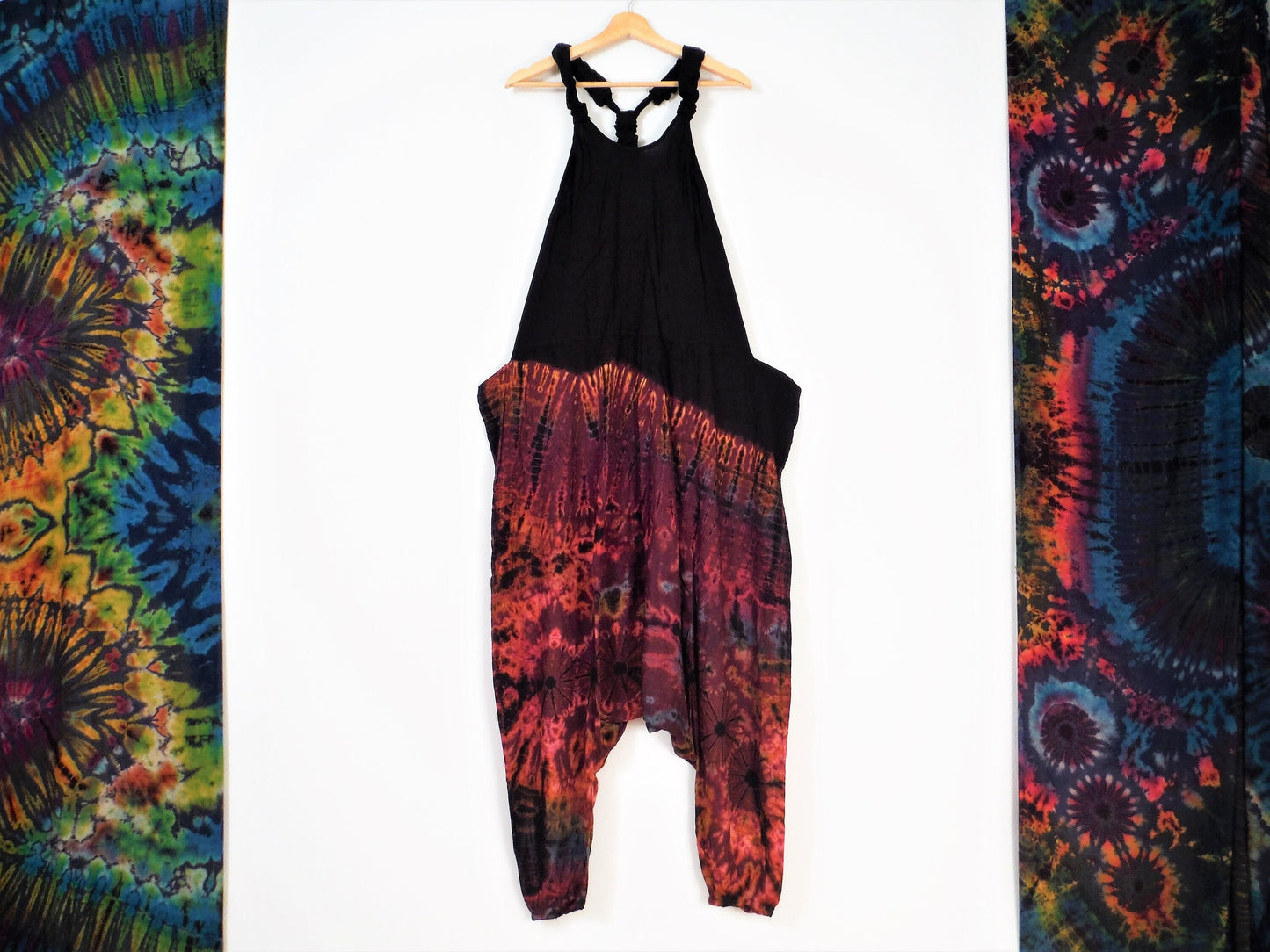 Half Tie-Dye Harem Dungarees - Black and Purple Plum - Bare Canvas