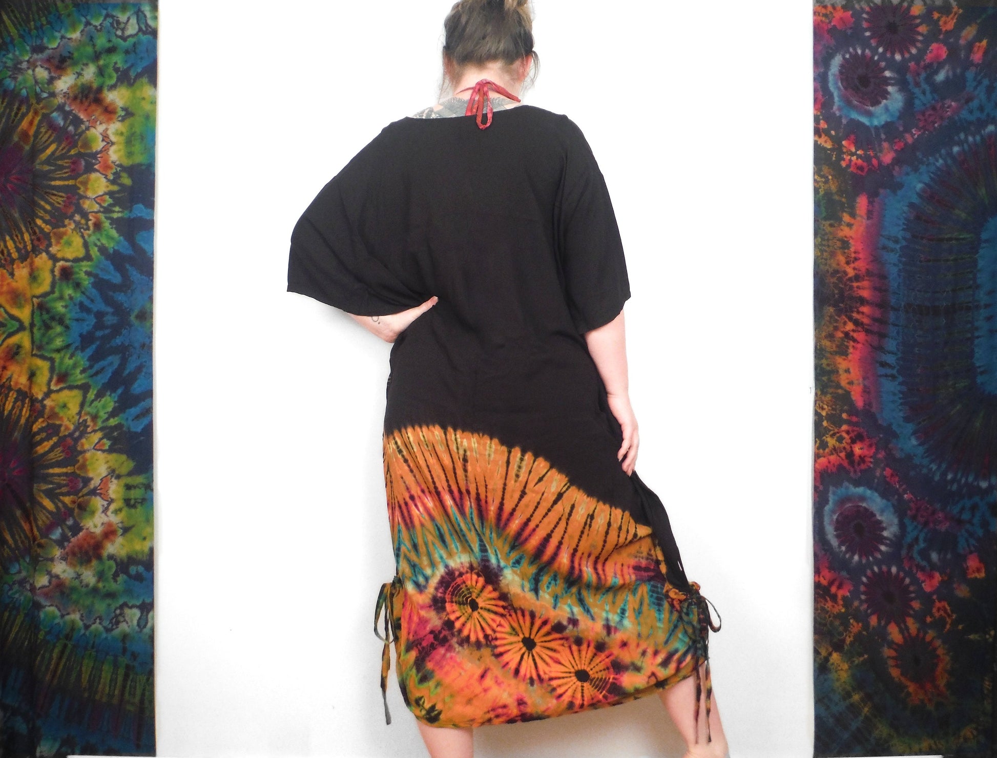 Long Summer Poncho Dress / Top - Half Tie-Dye Black and Orange Rainbow - Bare Canvas