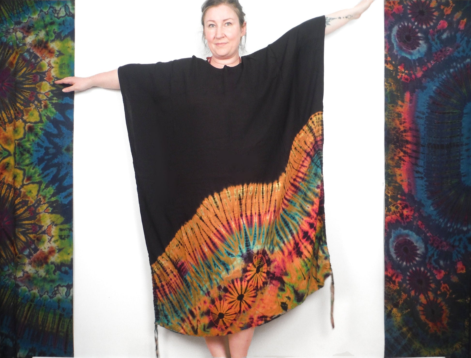 Long Summer Poncho Dress / Top - Half Tie-Dye Black and Orange Rainbow - Bare Canvas