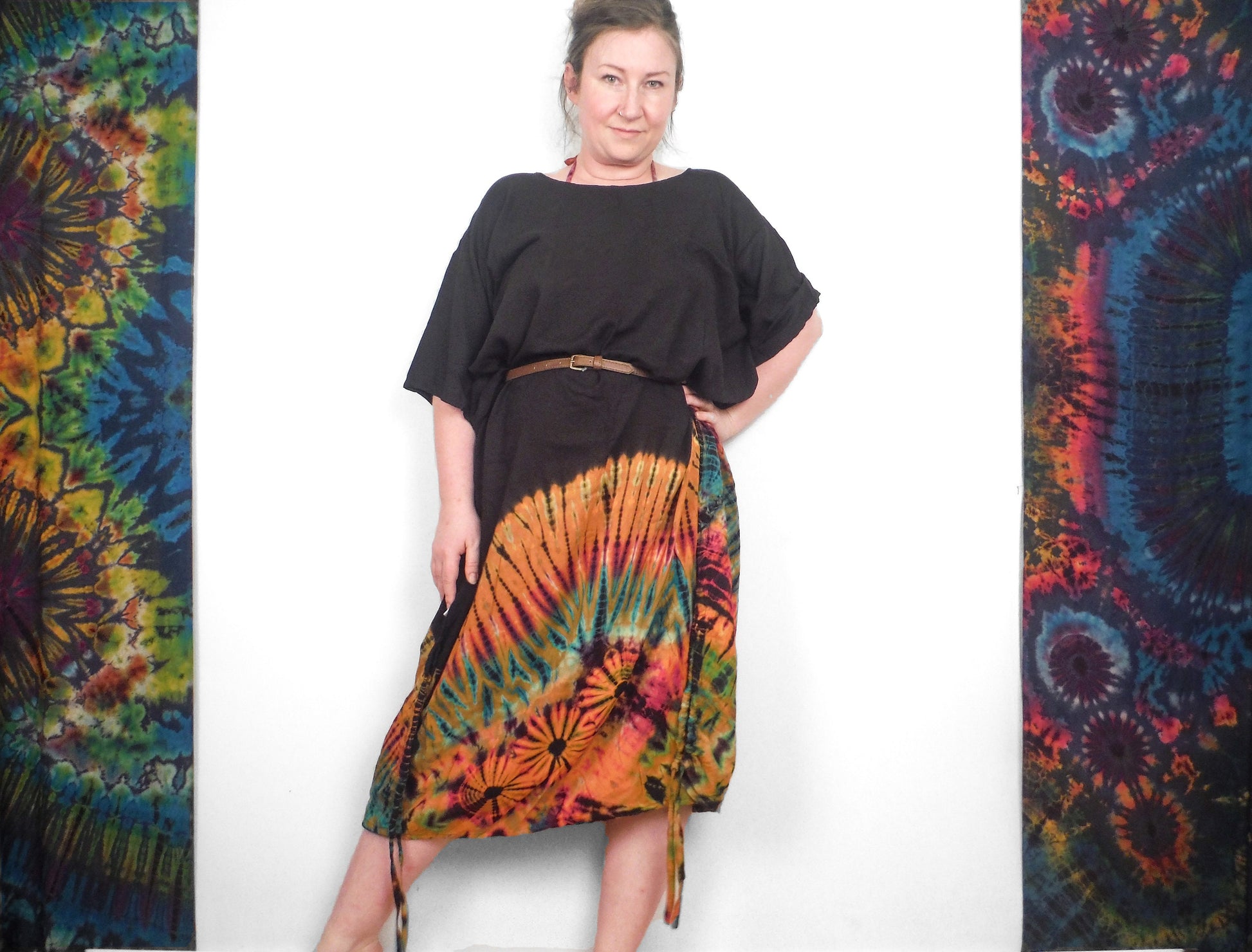 Long Summer Poncho Dress / Top - Half Tie-Dye Black and Orange Rainbow - Bare Canvas