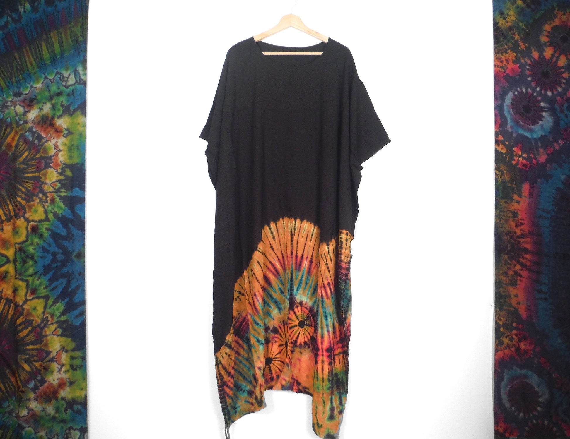 Long Summer Poncho Dress / Top - Half Tie-Dye Black and Orange Rainbow - Bare Canvas