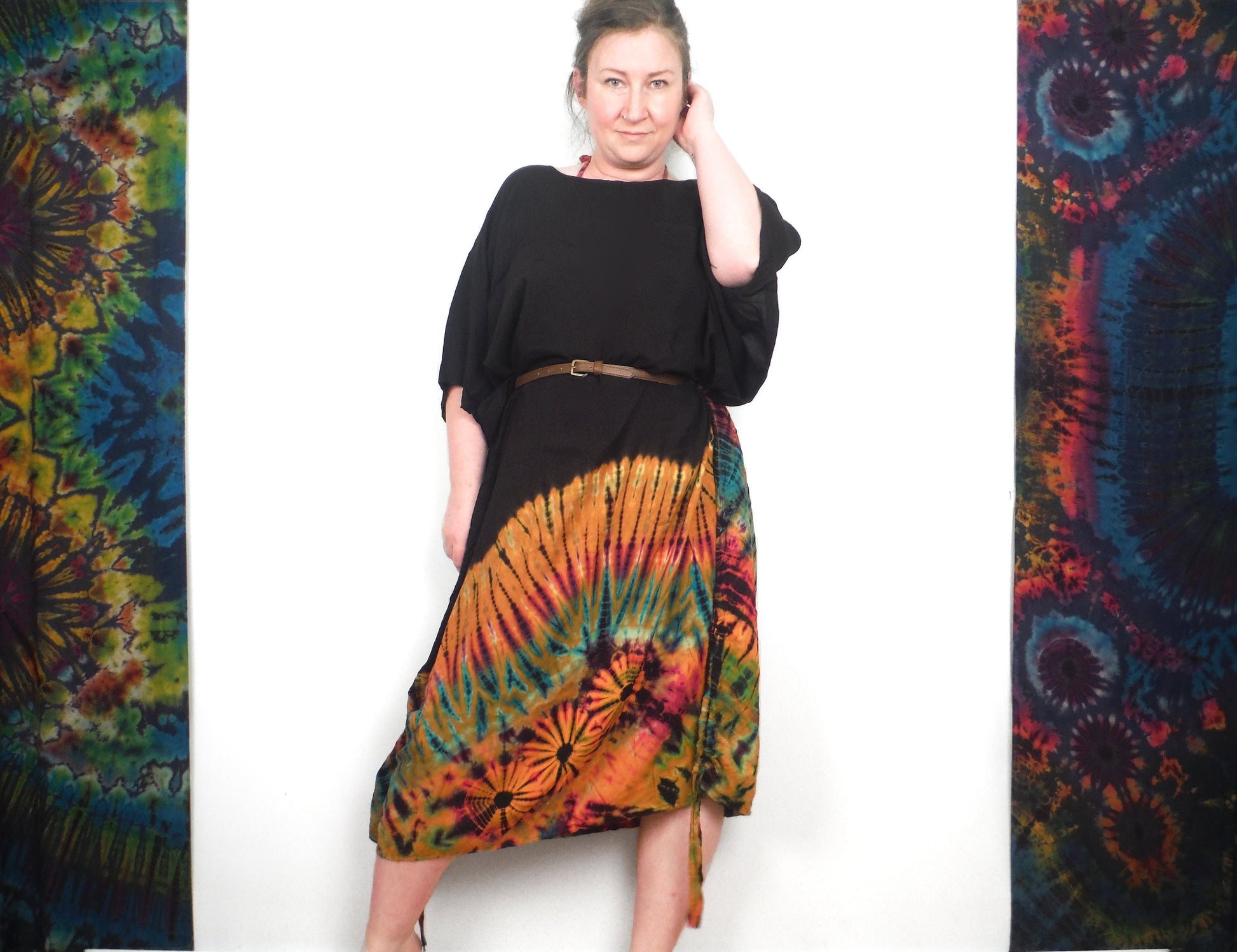 Long Summer Poncho Dress / Top - Half Tie-Dye Black and Orange Rainbow - Bare Canvas