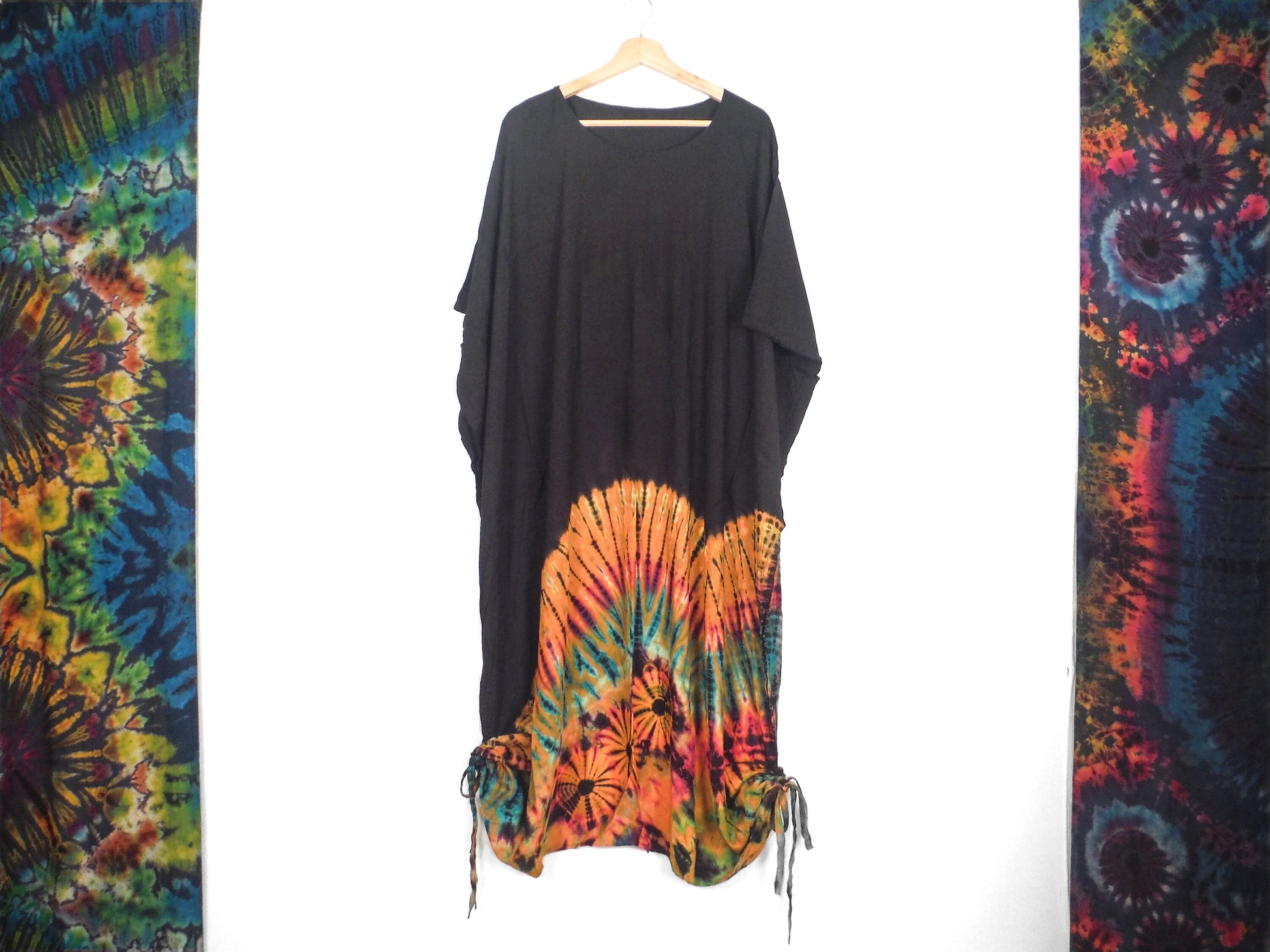 Long Summer Poncho Dress / Top - Half Tie-Dye Black and Orange Rainbow - Bare Canvas