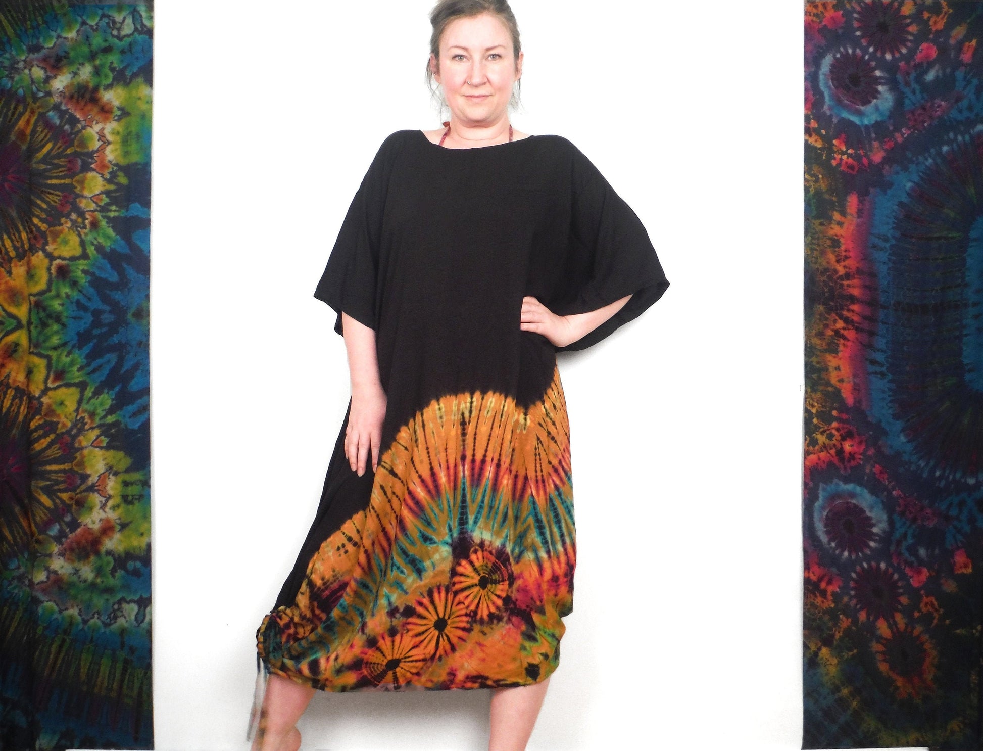 Long Summer Poncho Dress / Top - Half Tie-Dye Black and Orange Rainbow - Bare Canvas