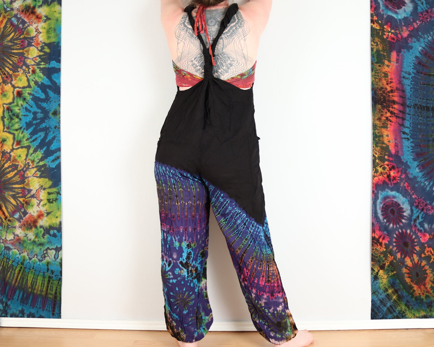 Half Tie-Dye Dungarees - Black and Mid Blue - Bare Canvas