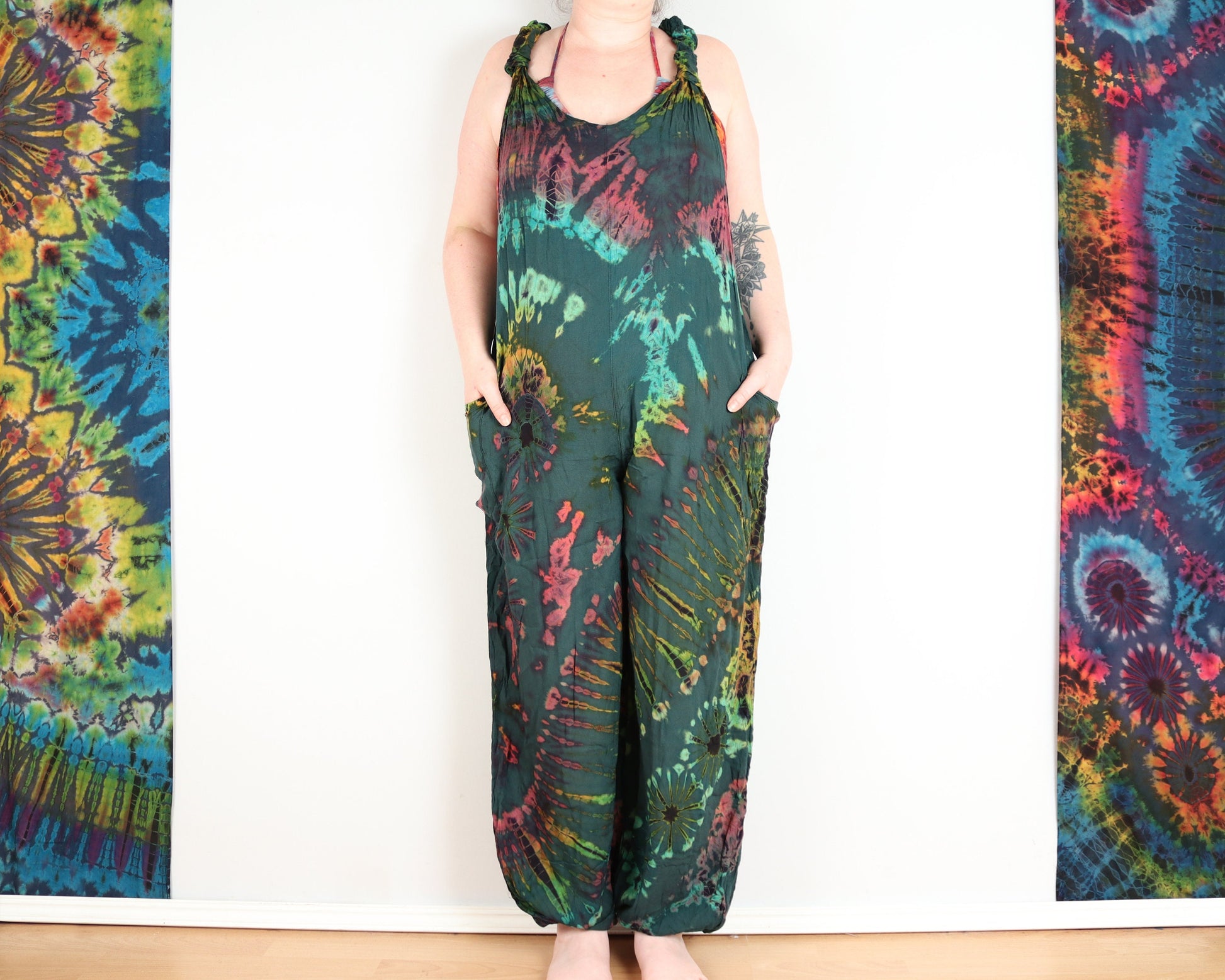 Tie-Dye Dungarees - Forest Green Rainbow - Bare Canvas