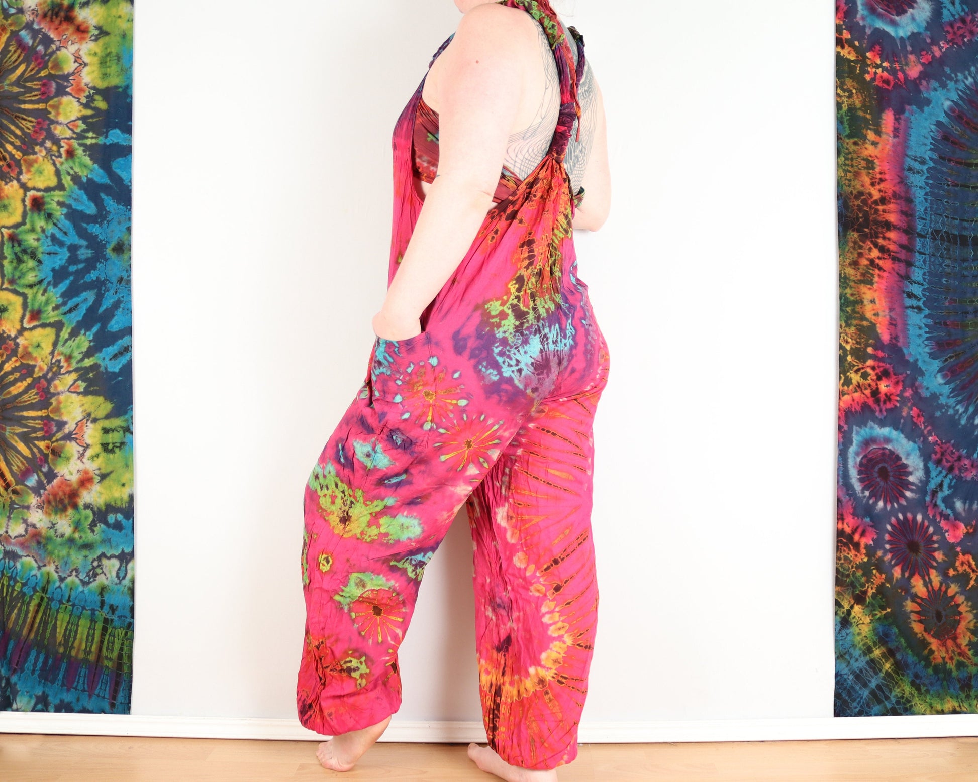 Tie-Dye Dungarees - Hot Pink Rainbow - Bare Canvas