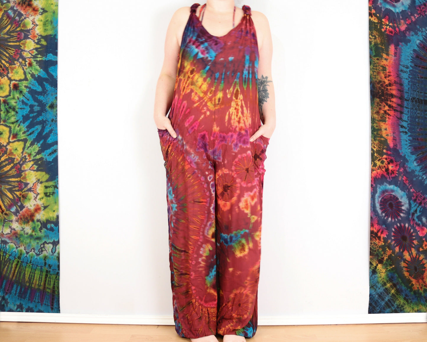 Tie Dye Dungarees - Ruby Red Rainbow - Bare Canvas