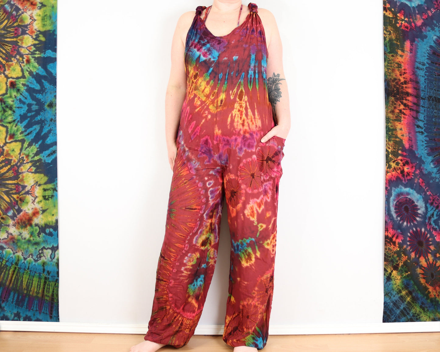 Tie Dye Dungarees - Ruby Red Rainbow - Bare Canvas