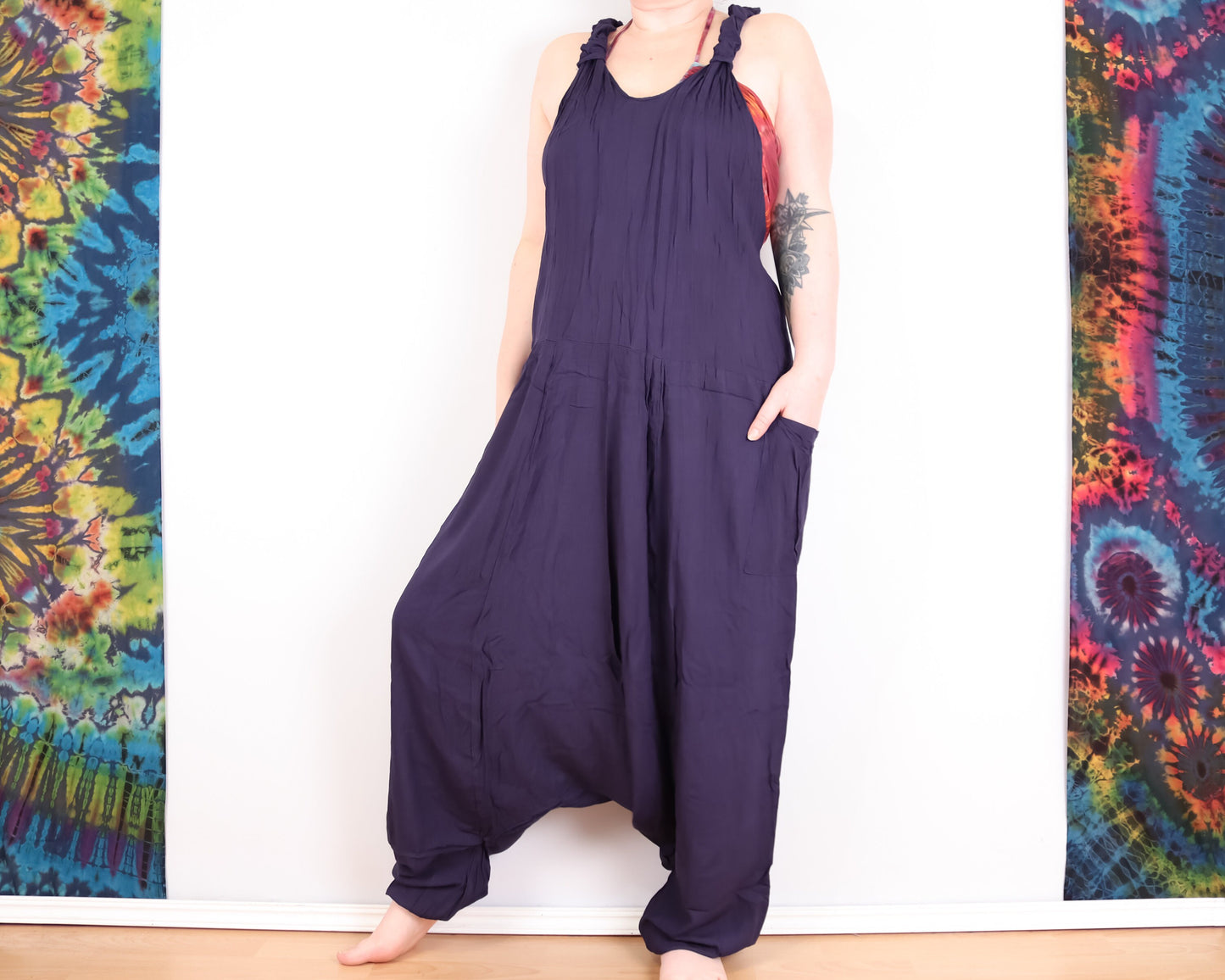 Plain Harem Dungarees - Navy Blue - Bare Canvas