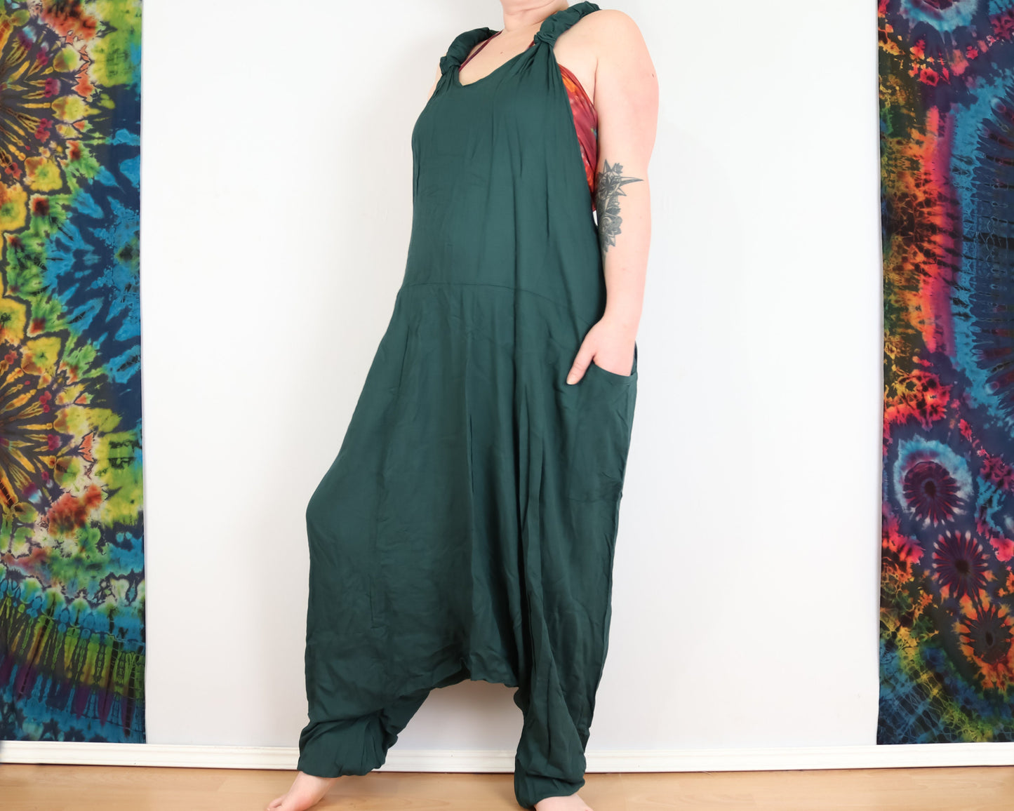 Plain Harem Dungarees - Forest Green - Bare Canvas