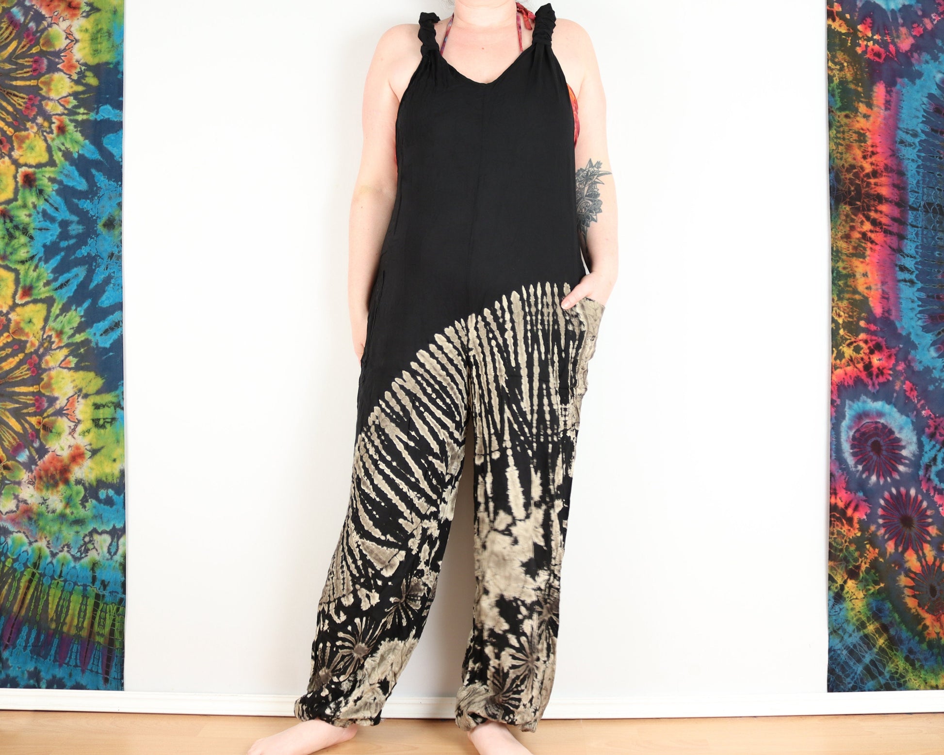 Half Tie-Dye Dungarees - Black and White - Bare Canvas