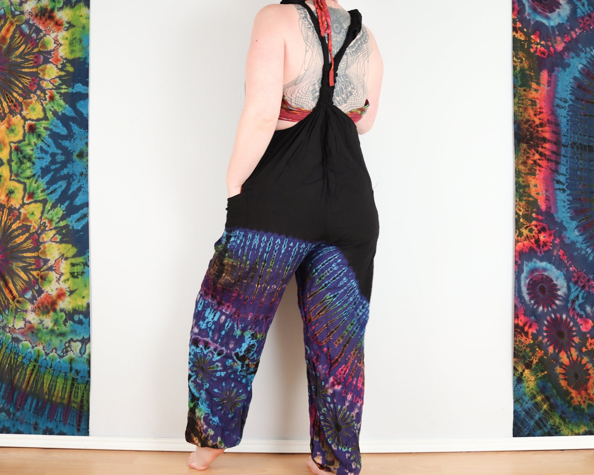 Half Tie-Dye Dungarees - Black and Mid Blue - Bare Canvas