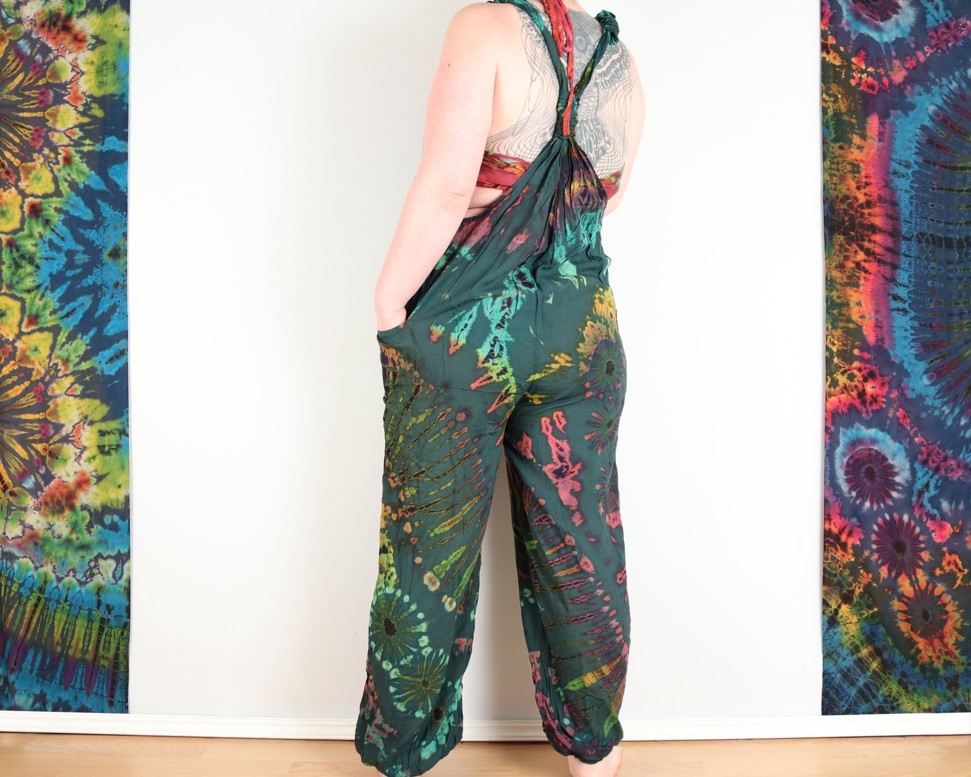 Tie-Dye Dungarees - Forest Green Rainbow - Bare Canvas