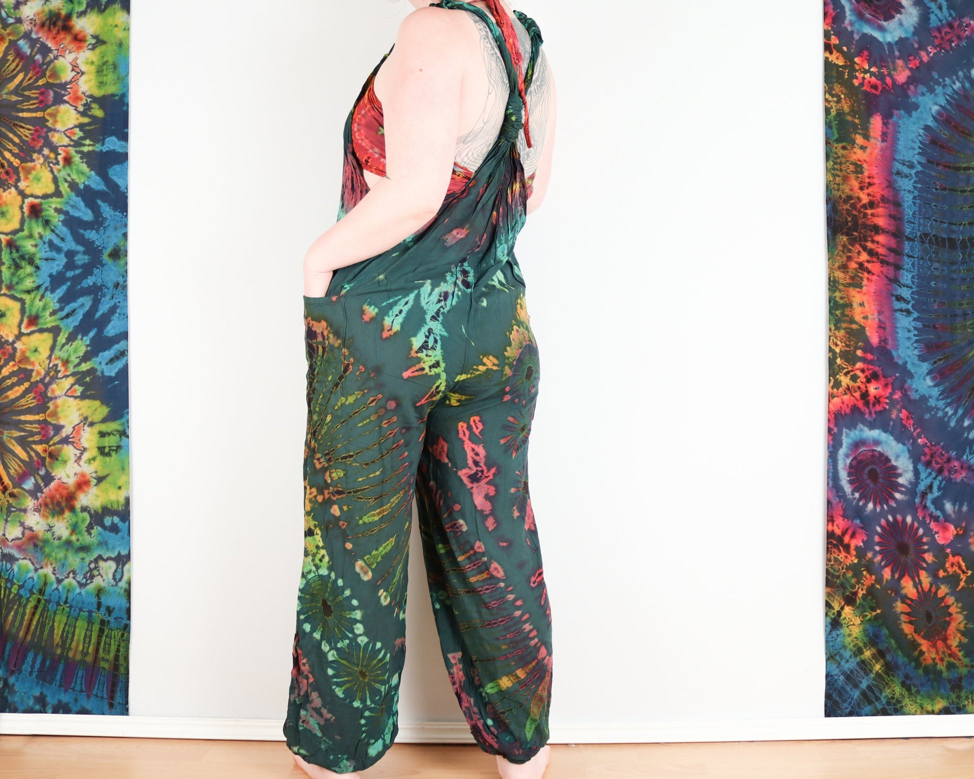 Tie-Dye Dungarees - Forest Green Rainbow - Bare Canvas