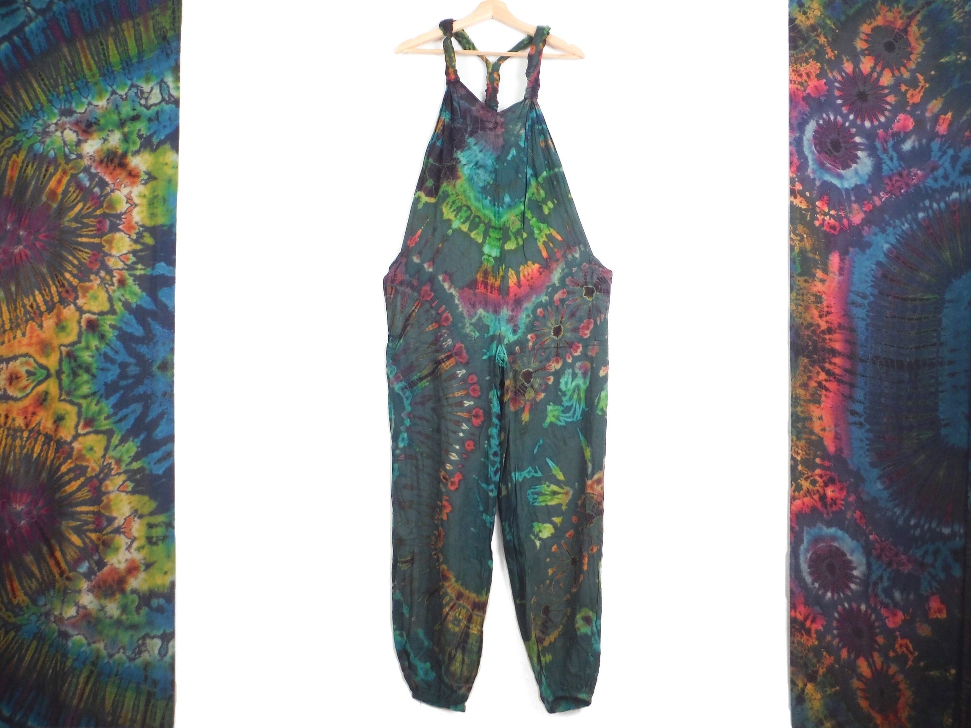 Tie-Dye Dungarees - Forest Green Rainbow - Bare Canvas