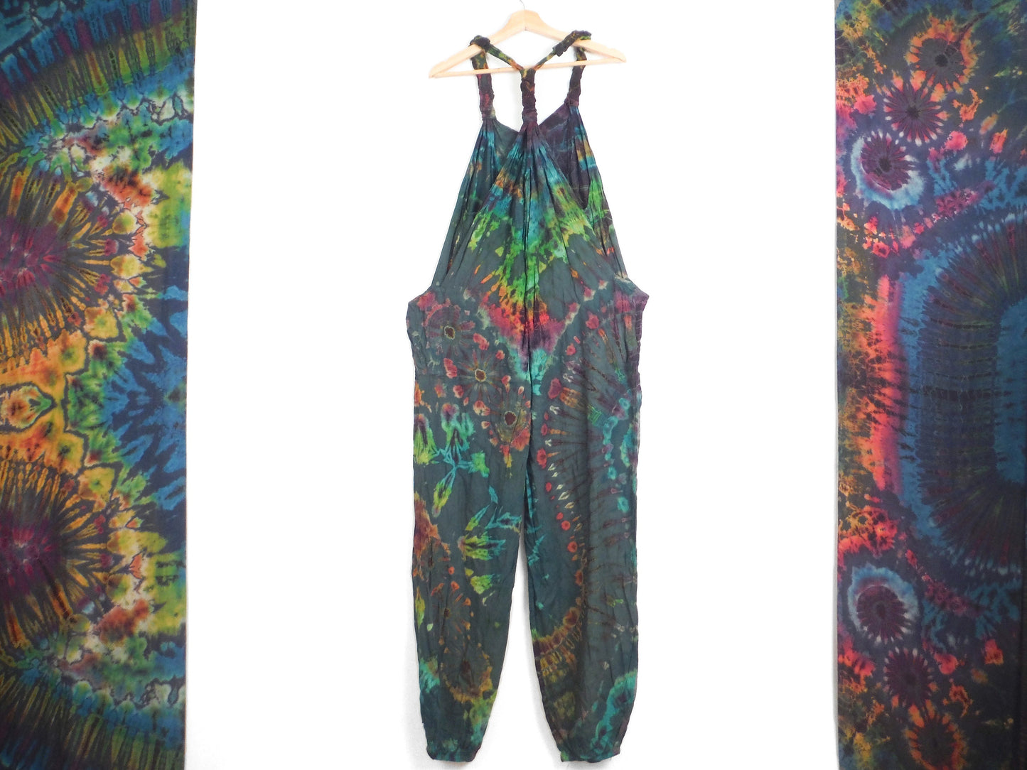 Tie-Dye Dungarees - Forest Green Rainbow - Bare Canvas