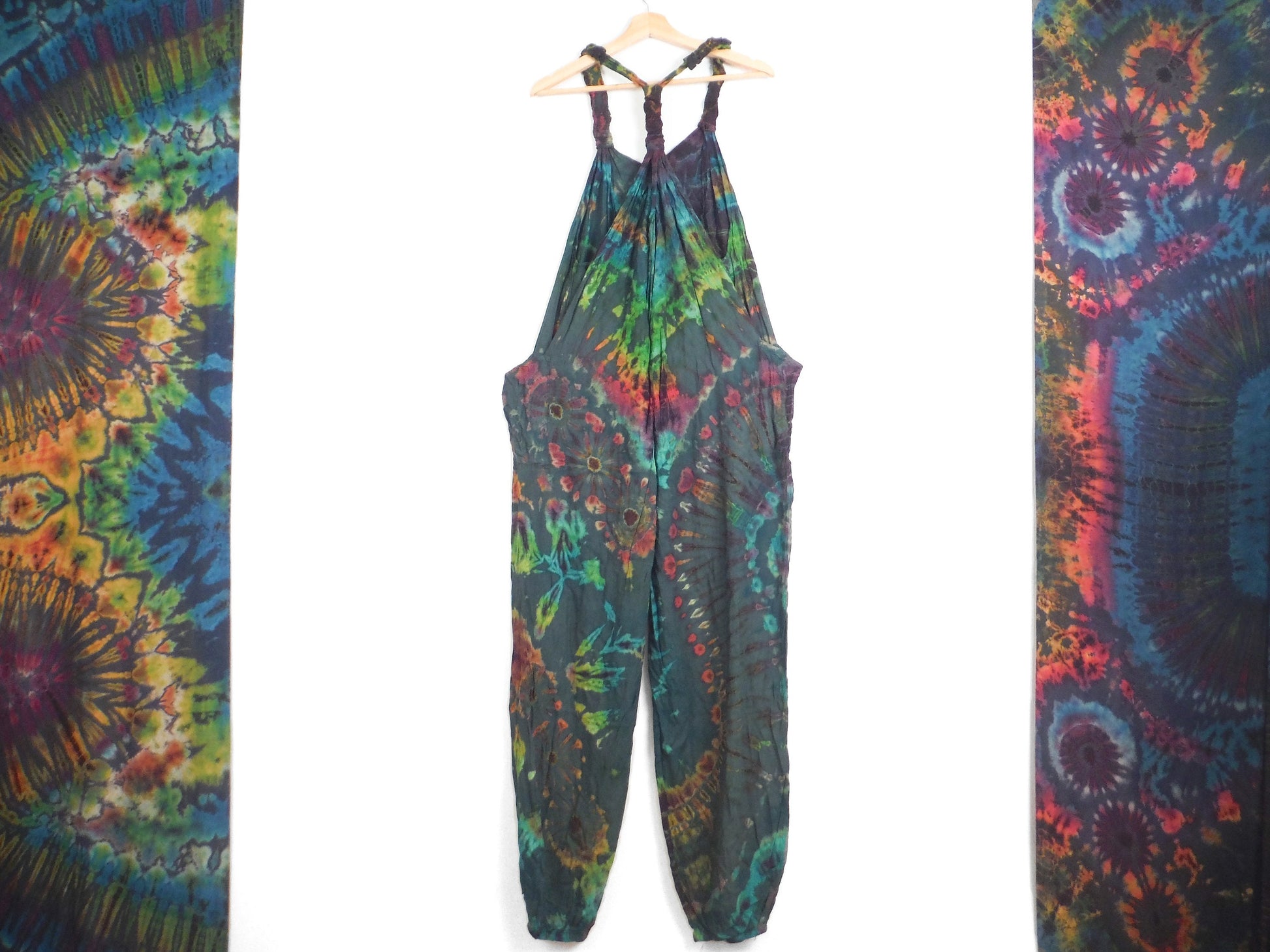 Tie-Dye Dungarees - Forest Green Rainbow - Bare Canvas