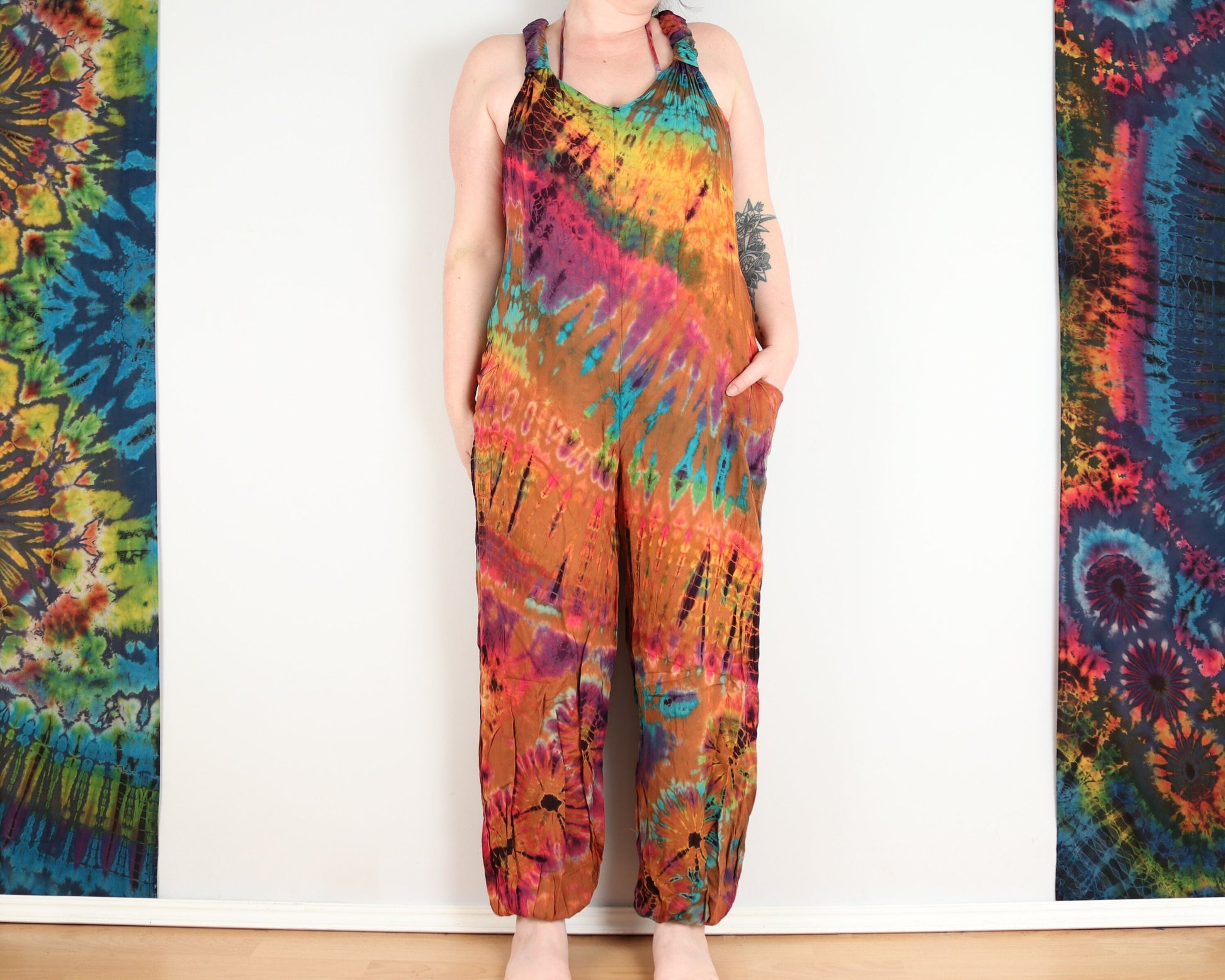 Tie-Dye Dungarees - Burnt Orange Rainbow - Bare Canvas