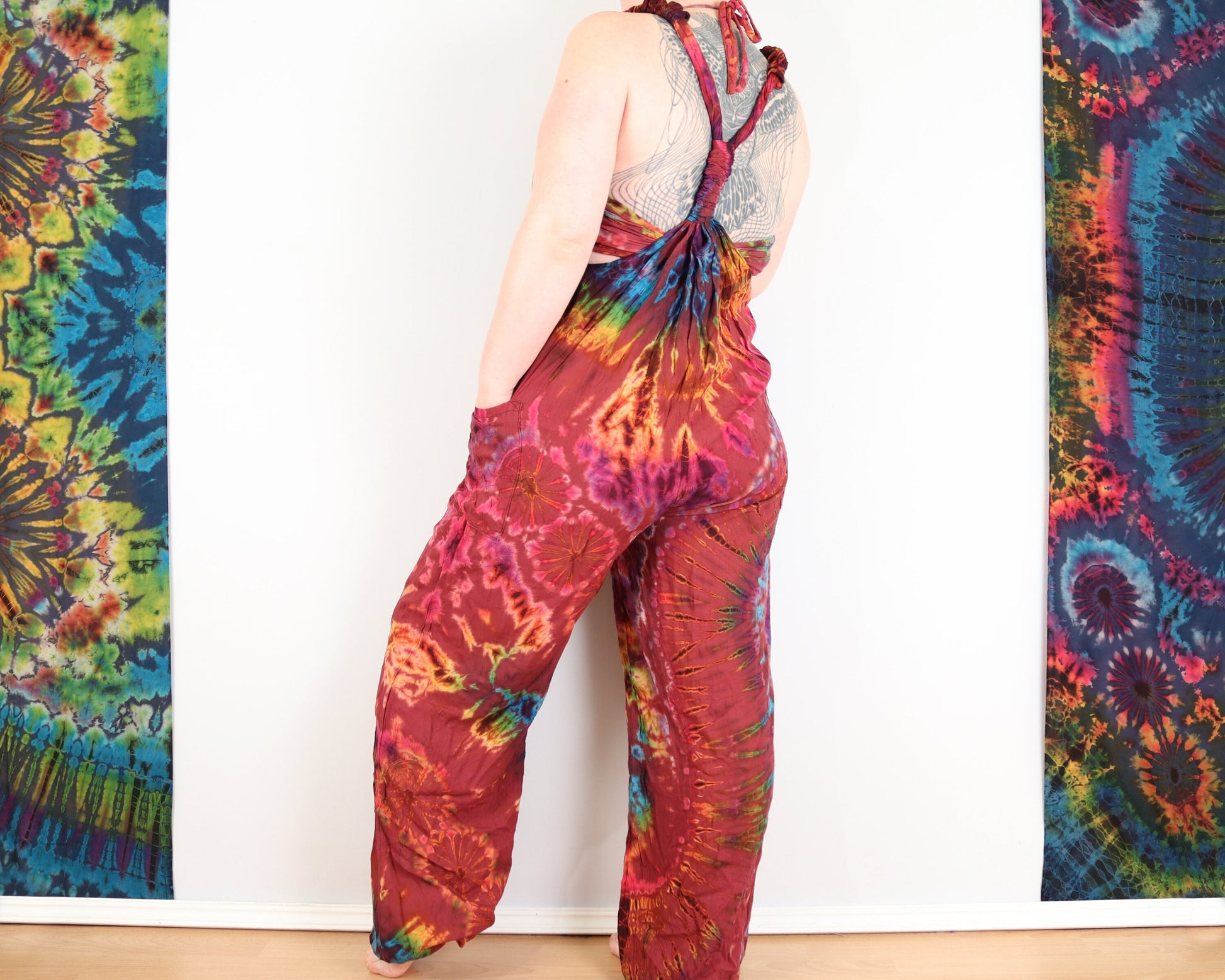 Tie Dye Dungarees - Ruby Red Rainbow - Bare Canvas